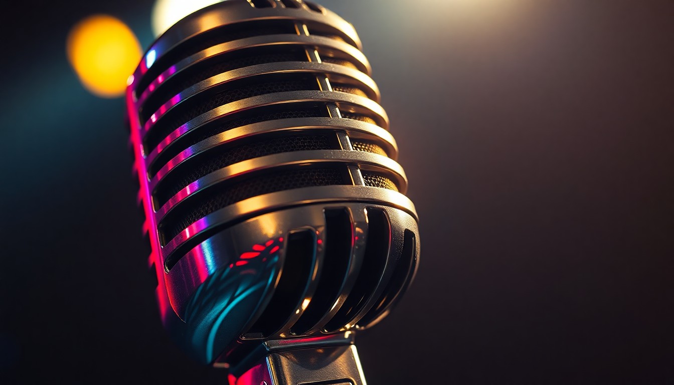 An extreme close-up photograph of a shiny, metallic microphone in dramatic studio lighting, capturing the glitz and glamour of the music industry.