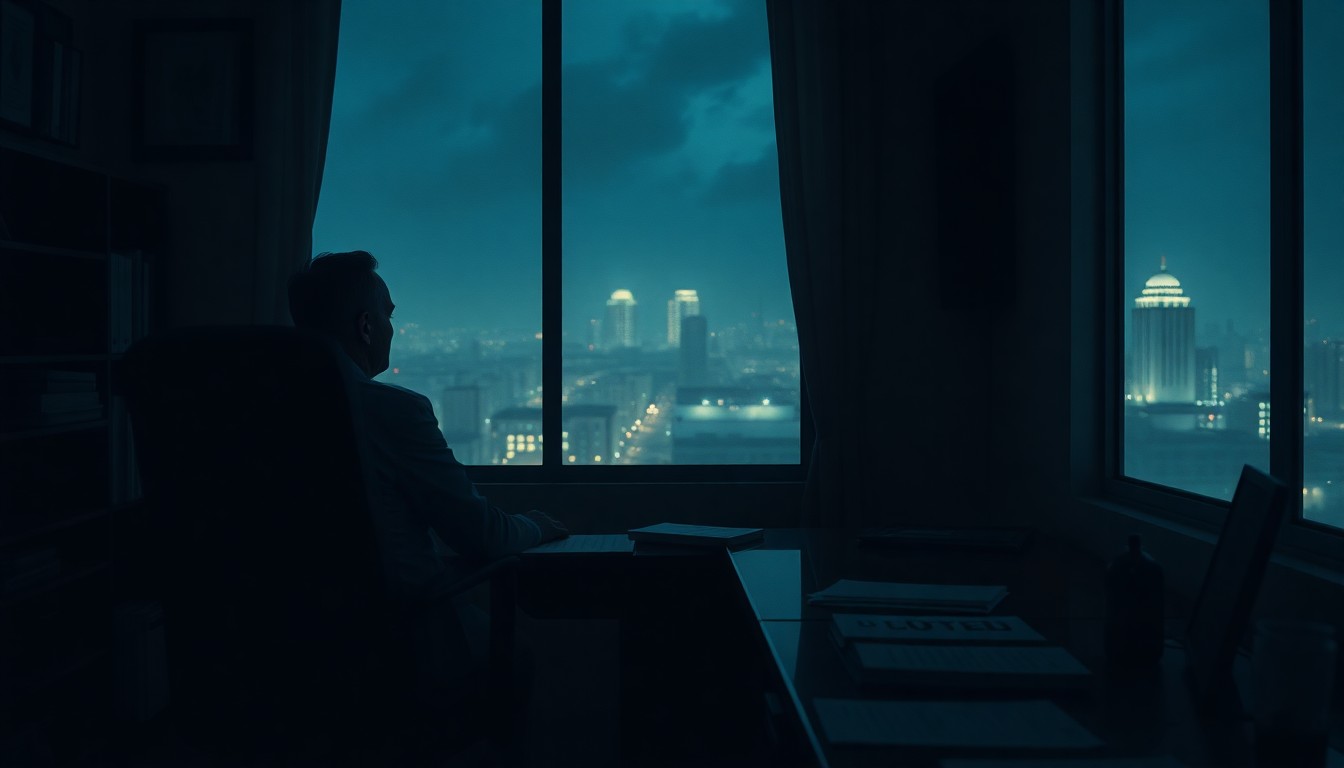 A moody, cinematic painting of a lone Cuban official sitting at a desk in a dimly lit Havana office, staring out a window at the faint glow of the city skyline at night, capturing the tense, uncertain mood of the U.S.-Cuba relationship.