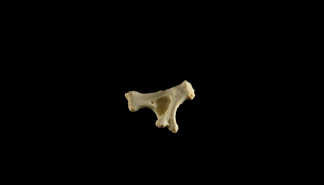 An extreme close-up photograph of a single bone fragment against a pitch-black background, lit by a harsh, direct camera flash, creating a stark, gritty, investigative aesthetic.