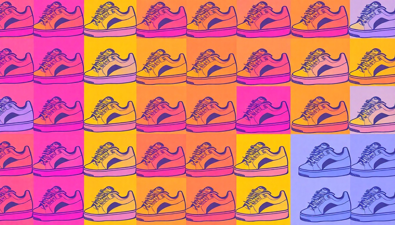 A bold, colorful silkscreen-style illustration featuring a repeated pattern of a single iconic sneaker shape in vibrant neon hues, conceptually representing the recycling of everyday consumer goods.