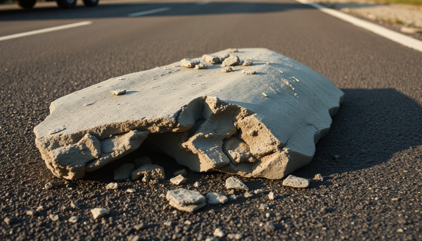An extreme close-up photograph of a large, jagged concrete fragment lying on the asphalt road, partially obscured by shadows, conveying the sudden and destructive nature of the cargo spill.