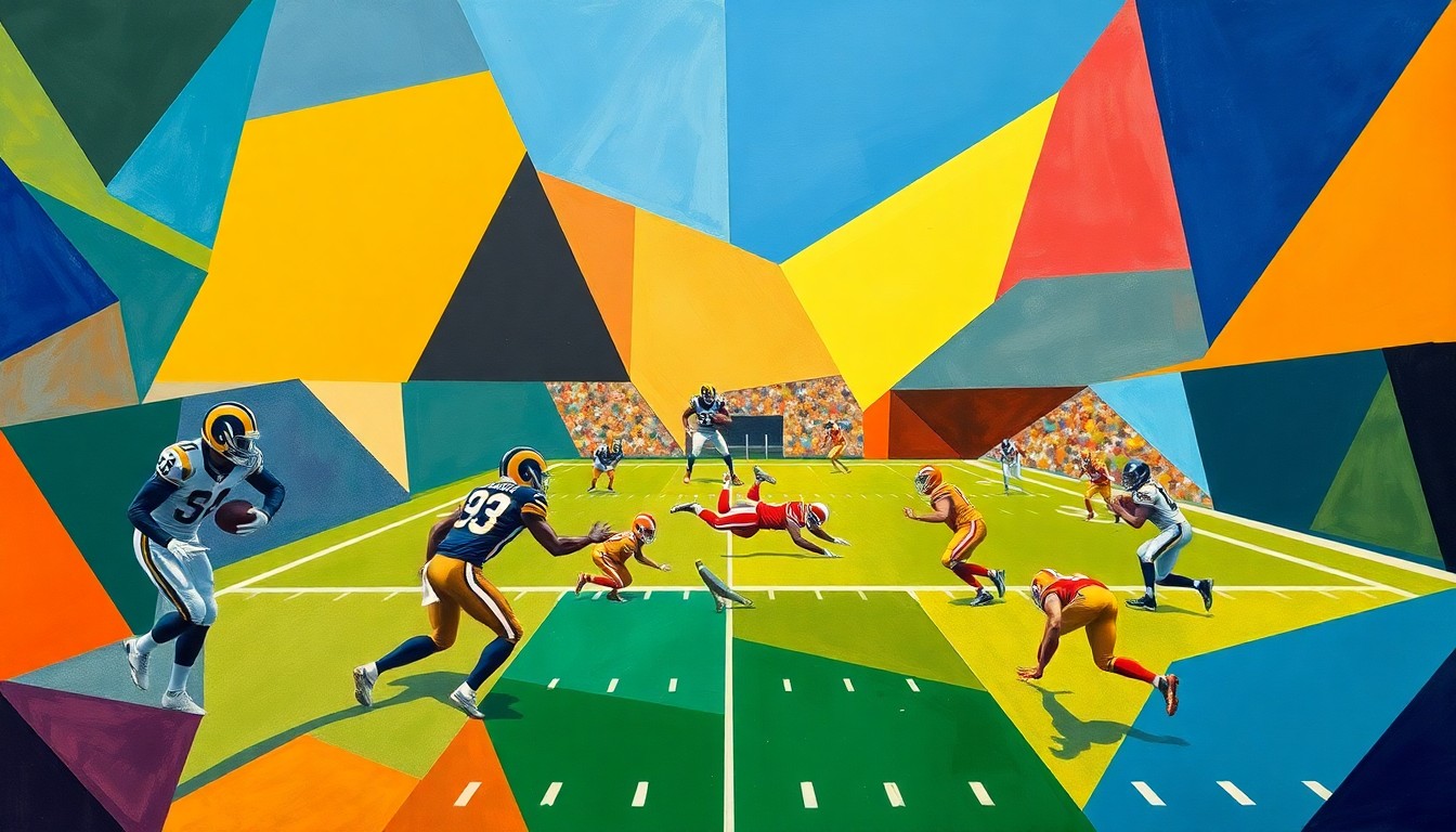A fragmented, cubist-style painting depicting a football game, with the players and field represented by sharp, overlapping geometric shapes in the Rams' team colors of blue, gold, and white, conveying the strategic complexity and high-stakes nature of the upcoming NFL Draft for the Los Angeles franchise.