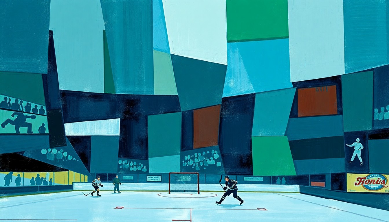 A cubist, geometric painting depicting fragmented hockey players and equipment, representing the Canucks' chaotic season and the need for a fresh start.