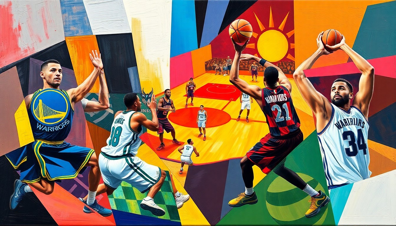 A cubist, geometric painting depicting a basketball game, with sharp, overlapping planes of color representing the players and action on the court.