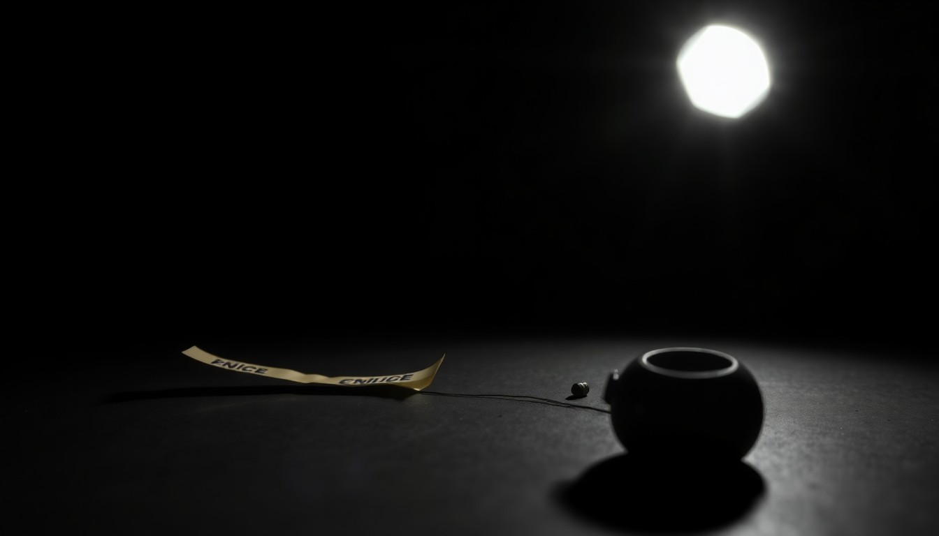 An extreme close-up photograph of a single, unidentified object related to a crime scene, such as a piece of police evidence tape or a discarded personal item, lit by a harsh, direct camera flash against a pitch-black background, conceptually illustrating the gritty details of an ongoing police investigation.