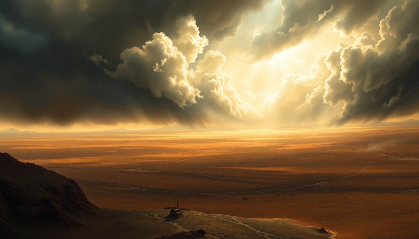 A vast, atmospheric landscape painting in muted tones of gray, blue, and brown, capturing the overwhelming scale of a powerful desert windstorm sweeping across the horizon, with any physical structures or objects barely visible in the distance.