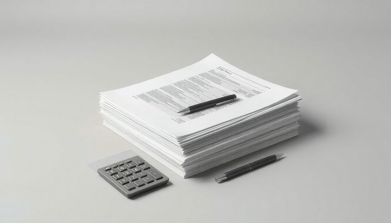 A high-end, photorealistic studio still-life photograph featuring a stack of neatly organized financial documents, a calculator, and a pen on a clean, monochromatic background, symbolizing the strategic planning and financial management required for service businesses to navigate rising wages.