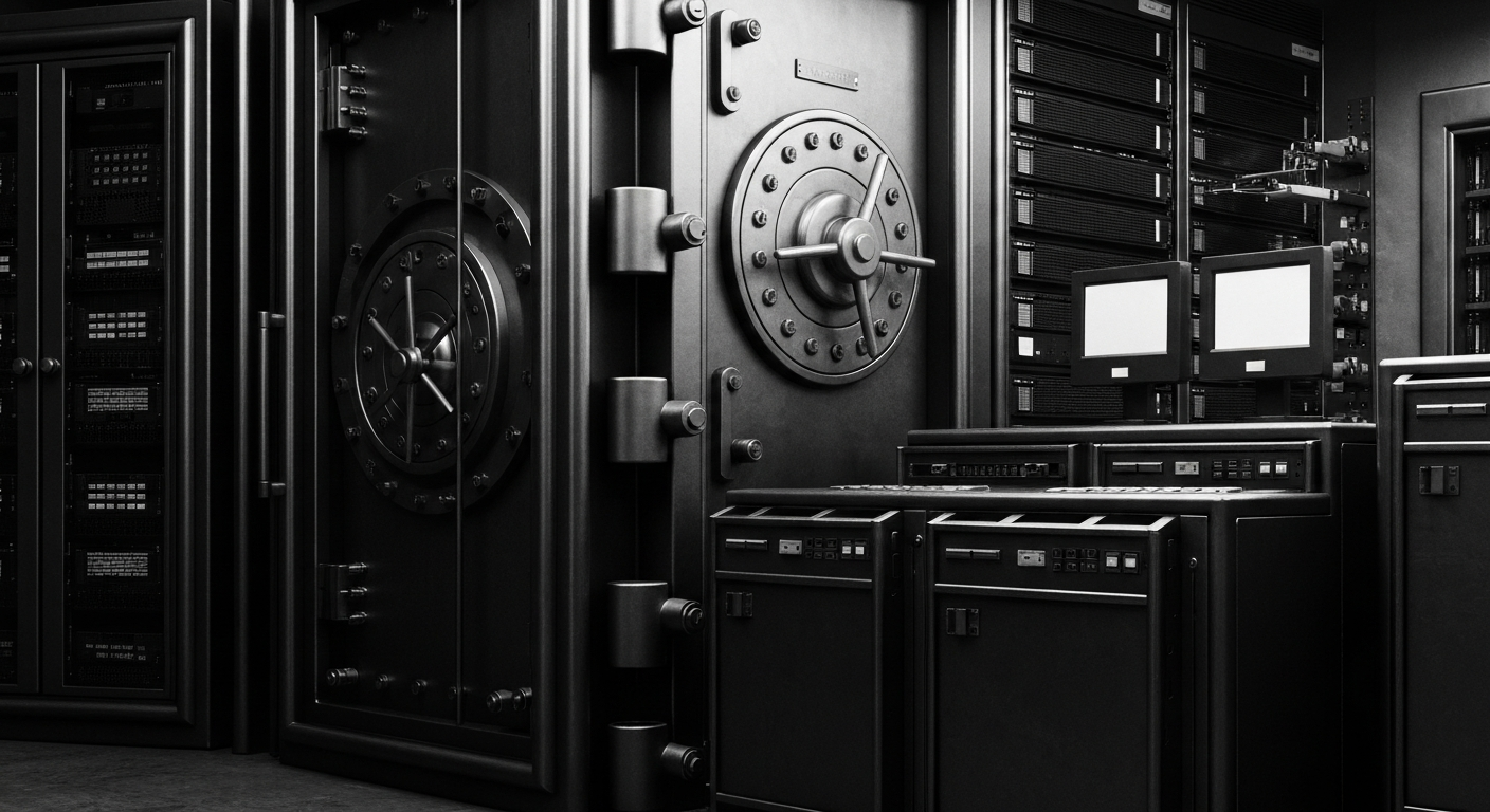 A high-contrast, black and white close-up image of heavy banking machinery, representing the tangible financial infrastructure that underpins Chemung Financial's quarterly performance.