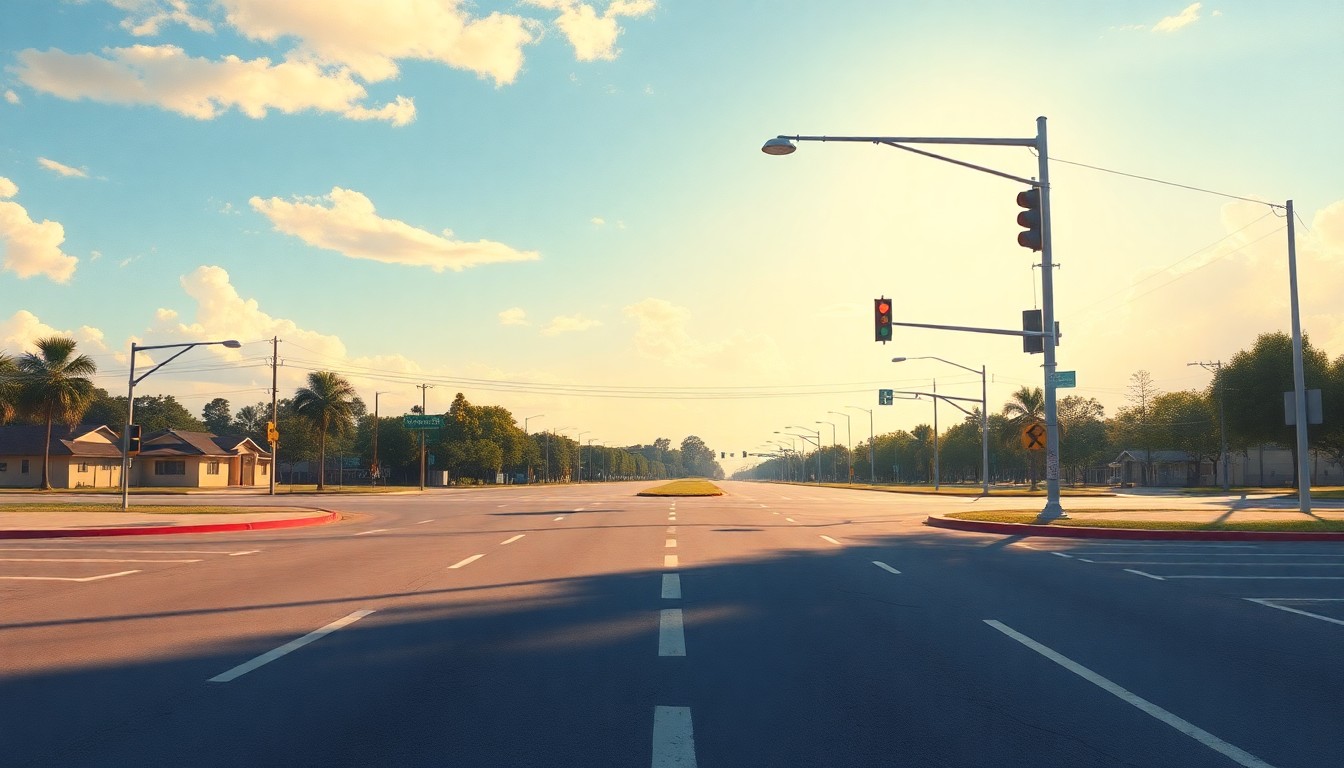 A serene, photorealistic painting of a sun-drenched intersection with a lone traffic signal, conveying a sense of quiet contemplation about the challenges of urban transportation planning.