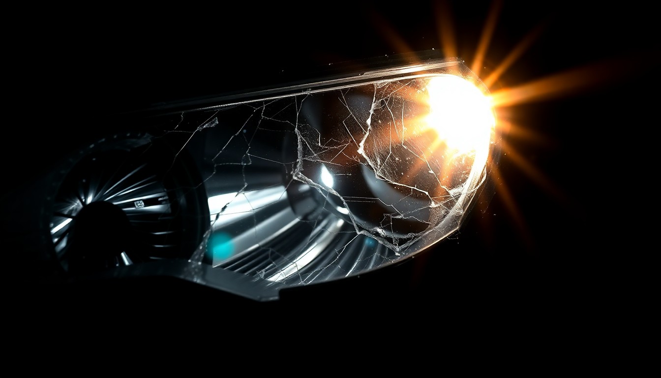 An extreme close-up photograph of a cracked and damaged car headlight lens, conceptually illustrating the aftermath of a DUI-related crash.