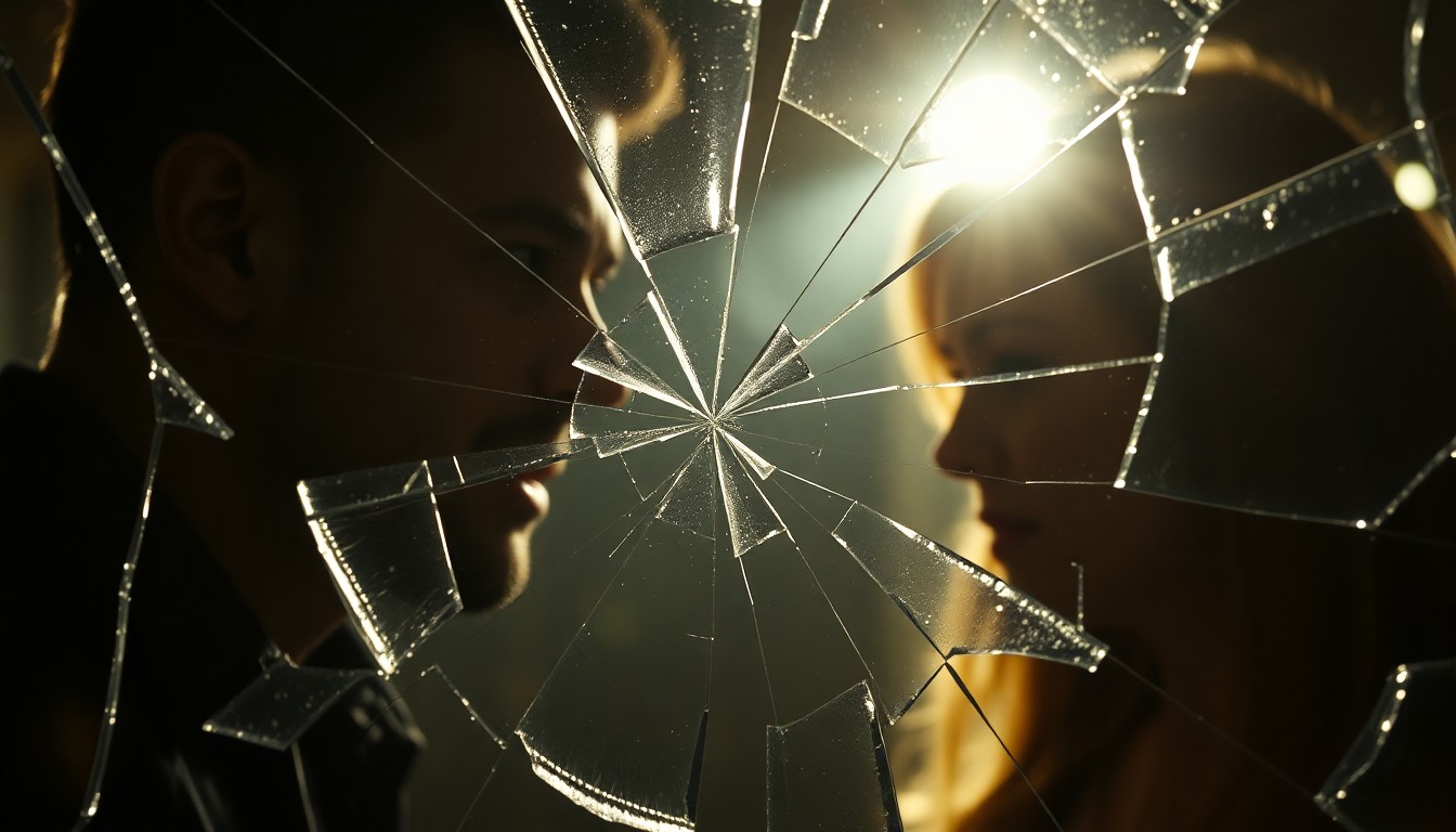 An abstract close-up of shattered glass reflecting dramatic studio lighting, conveying the emotional intensity of the lead characters' conflict in the TV series 'Beef'.