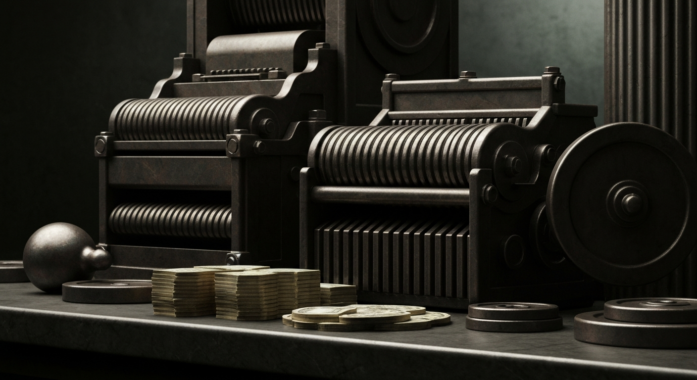 An extreme close-up of gears, levers, and other mechanical components of a bank's internal systems, conveying the tangible, physical nature of modern finance.