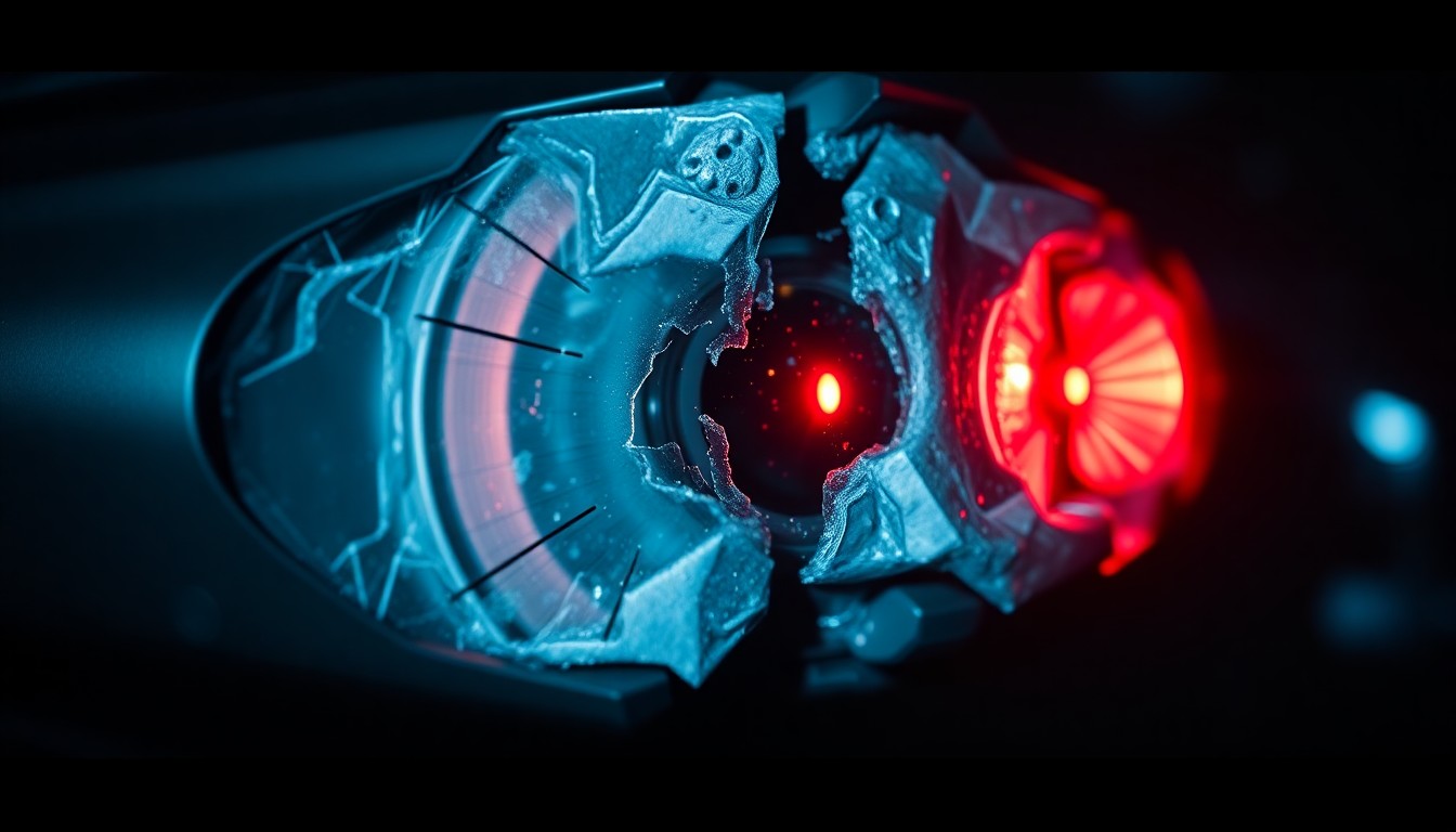 An extreme close-up of a shattered car sensor lens reflecting a faint red light, conceptually illustrating the vandalism of self-driving cars.