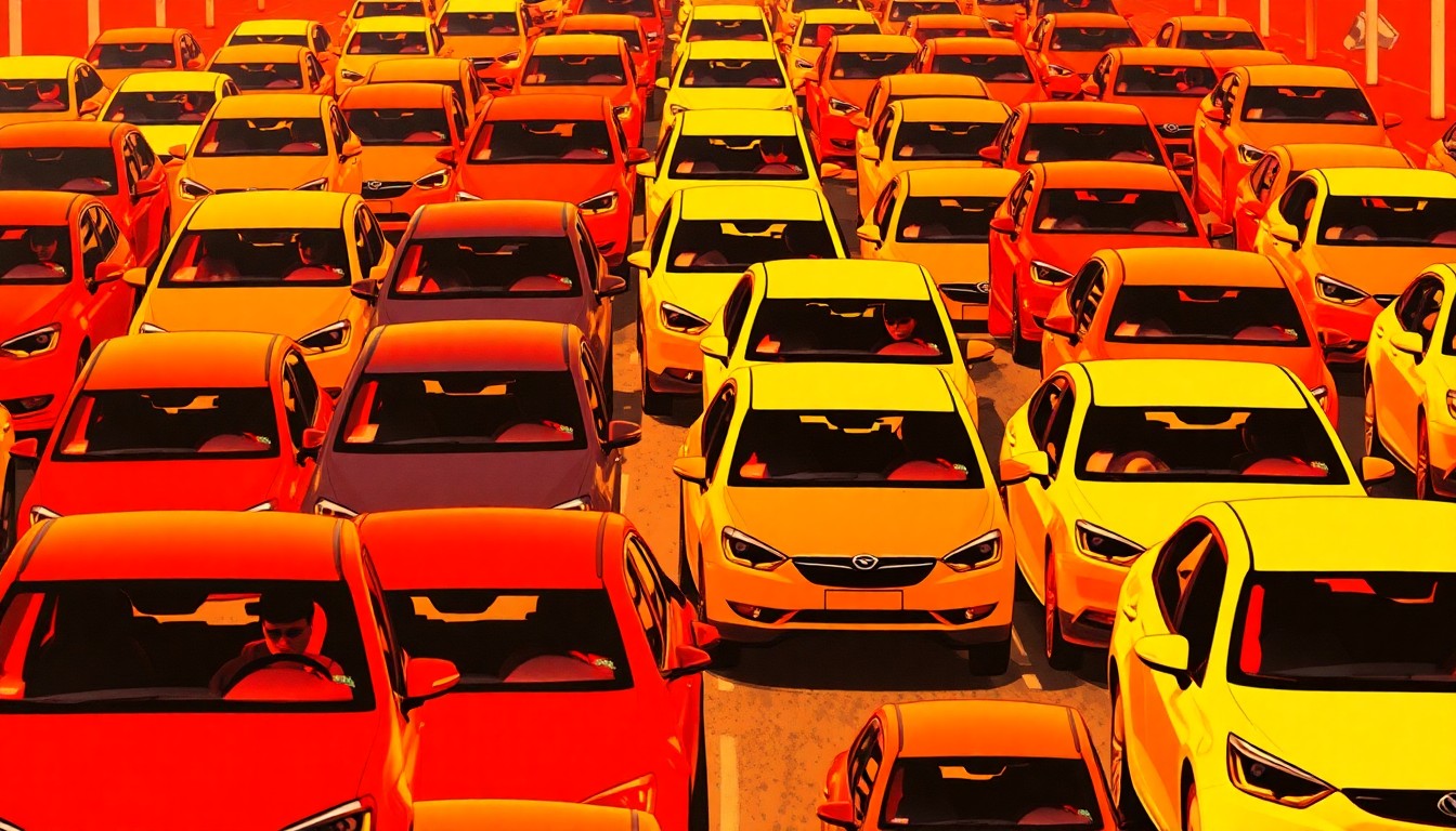 A highly stylized, silkscreen-inspired illustration depicting a repeating pattern of brightly colored, abstracted traffic jams in shades of red, orange, and yellow, capturing the frustration of long commute times in a visually striking way.