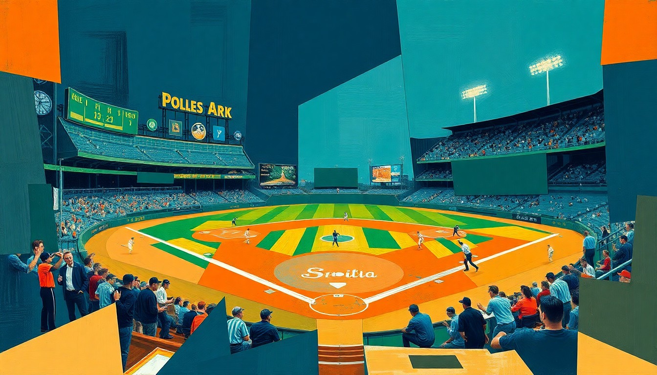 A cubist, geometric painting depicting a baseball game or match broken down into sharp, overlapping planes of navy blue, forest green, and burnt orange, conveying the fractured, multi-perspective nature of the record-breaking Padres sale.