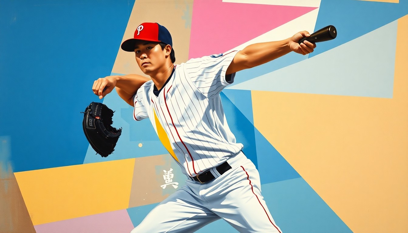 A fragmented, geometric painting depicting Shohei Ohtani's pitching and batting motions broken down into sharp, overlapping planes of color, capturing the multifaceted nature of his game.