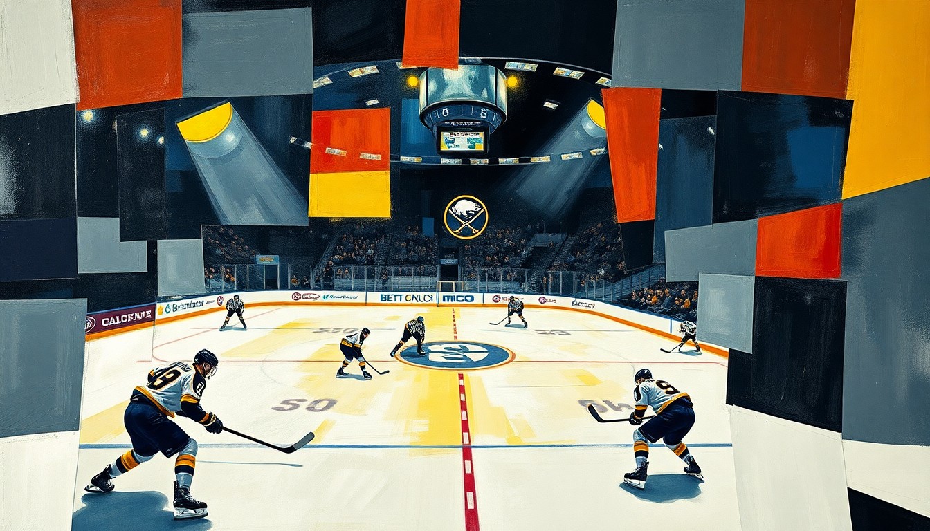 A cubist, geometric painting depicting a hockey game between the Boston Bruins and Buffalo Sabres, with the players and the ice rink broken down into sharp, overlapping planes of color and shape.