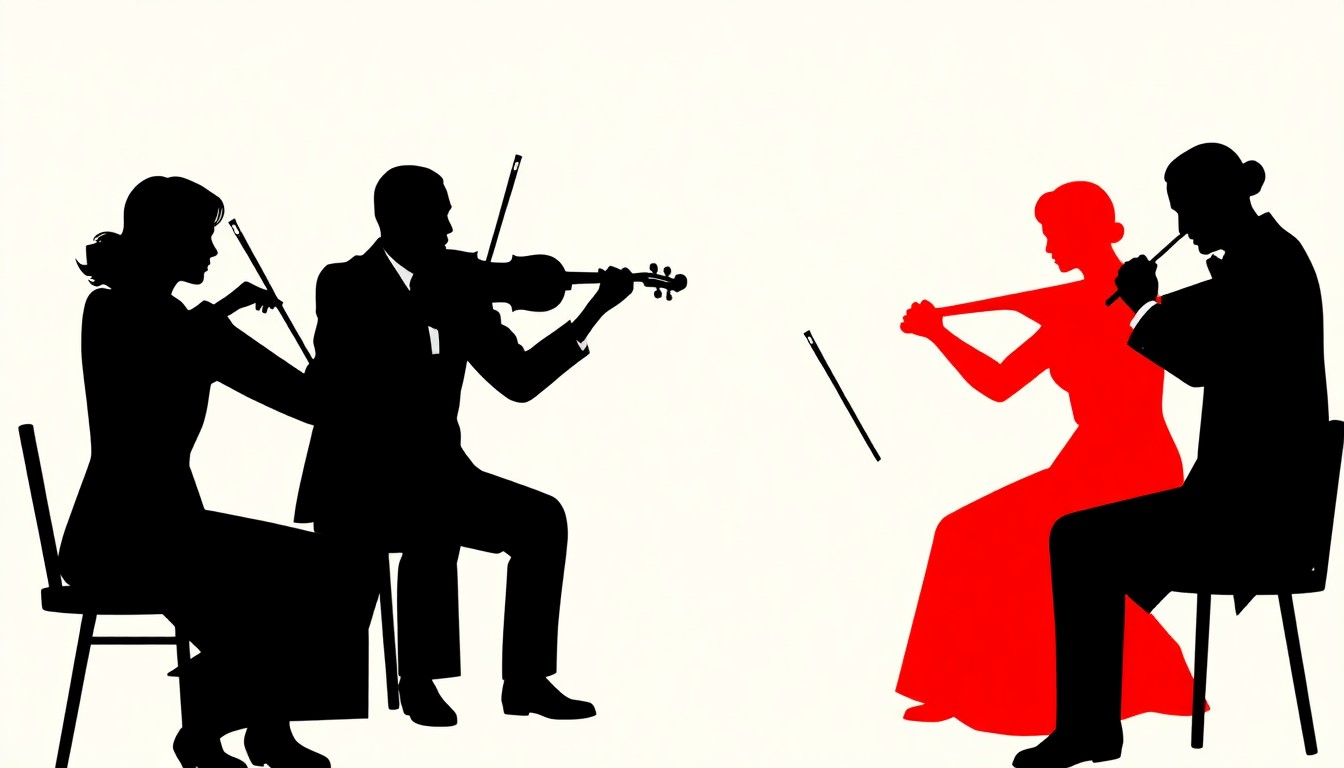 An abstract, minimalist composition featuring bold, jagged shapes and high-contrast colors, conceptually representing the energy and artistry of a string quartet performance.