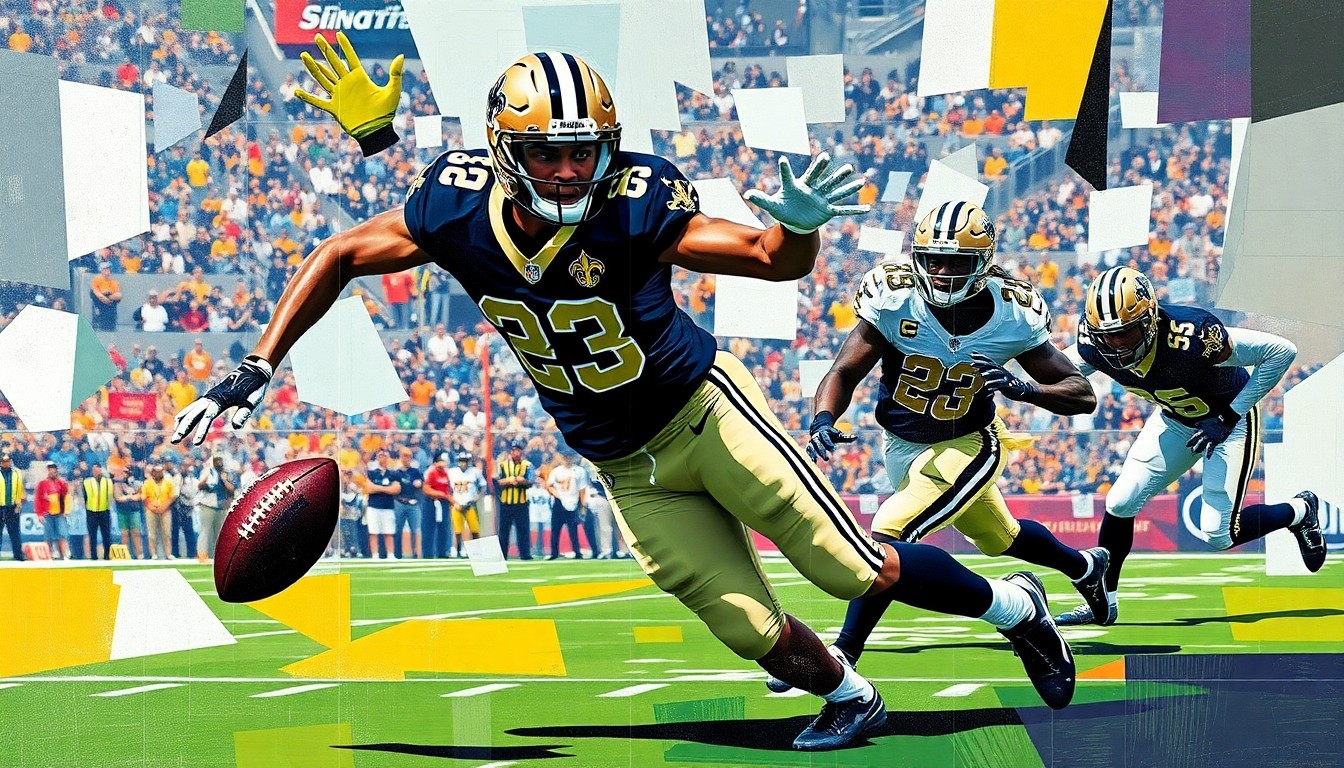 A fragmented, geometric painting in the style of Pablo Picasso, depicting a cornerback making a play on the football field through overlapping planes of color and shape, conceptually representing the Saints' search for an elite defensive back.