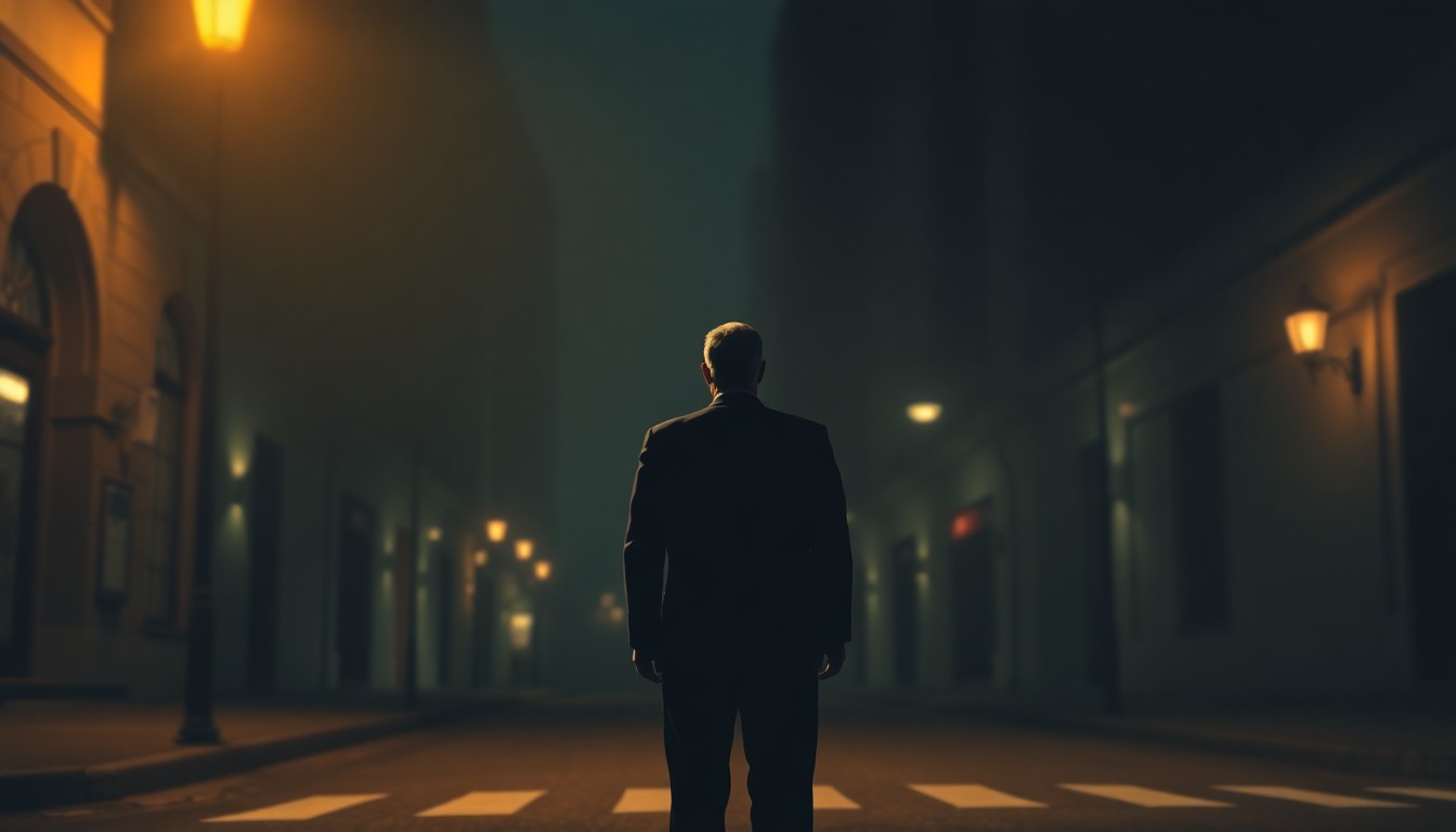 A moody, cinematic painting of a lone political figure standing on a shadowy city street, the warm light and deep shadows evoking a sense of isolation and uncertainty.