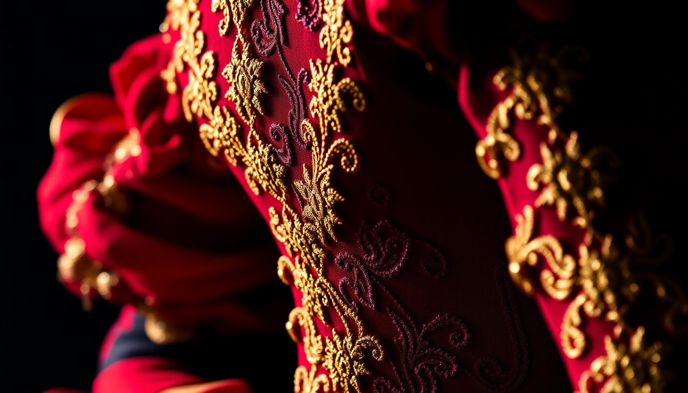 An extreme close-up photograph of a flamenco dancer's ornate, textured costume in rich, saturated colors like crimson red, deep indigo, and shimmering gold, conceptually representing the vibrant energy of Spanish cultural traditions.