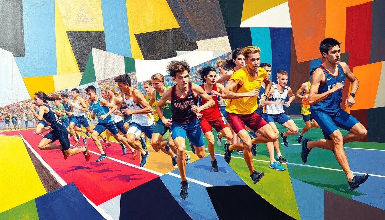 A fragmented, geometric painting depicting high school track and field athletes in motion, with bold colors and overlapping shapes capturing the dynamic energy of the competition.