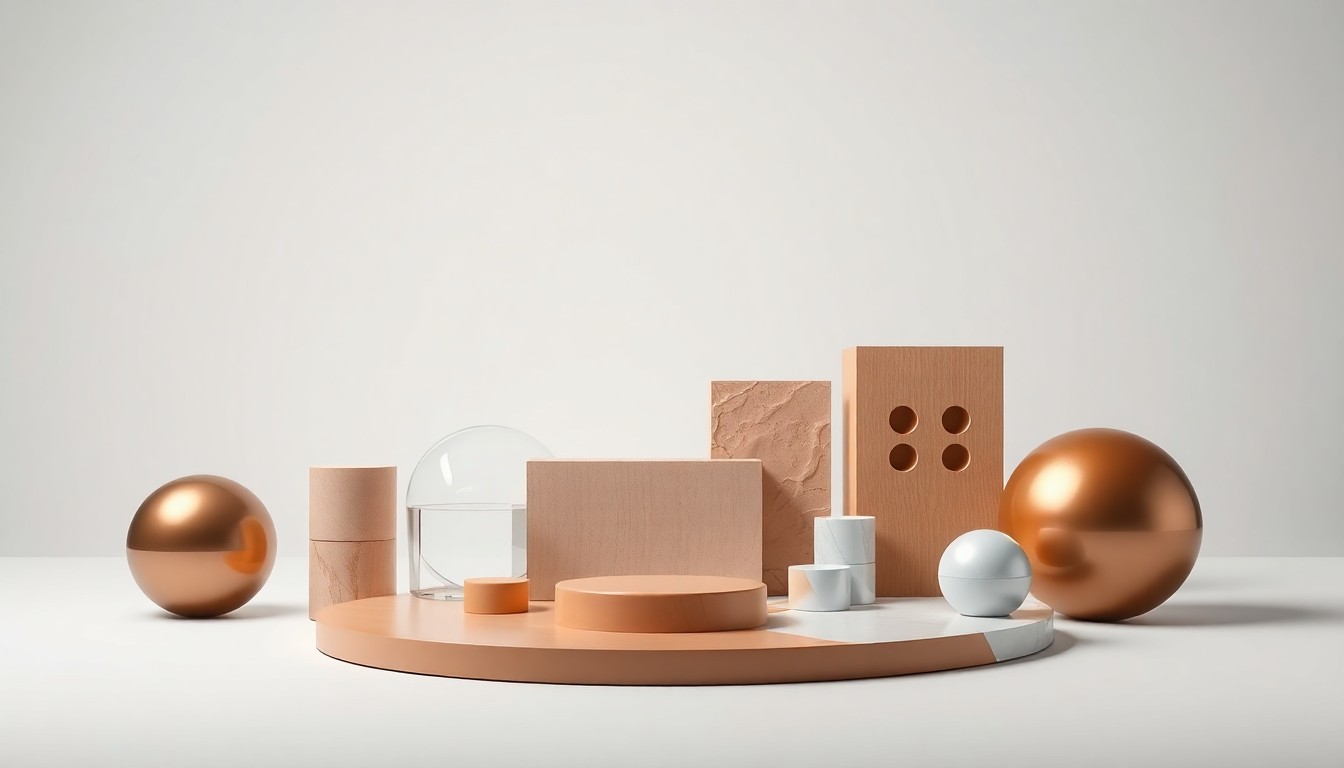 A photorealistic studio still life featuring a collection of polished, geometric shapes in muted tones, conceptually representing the abstract ideas of corporate strategy, energy efficiency, and sustainable real estate.