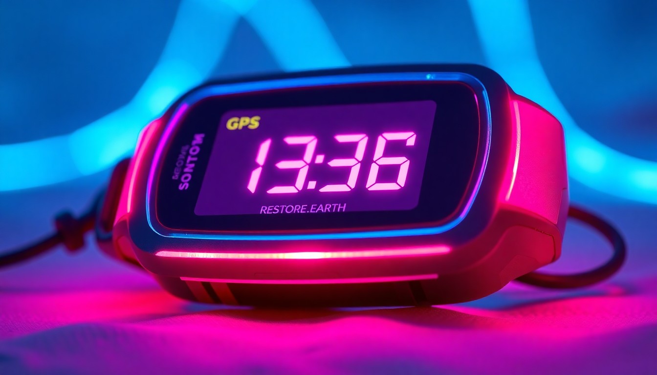A highly detailed, glowing 3D illustration of a GPS-enabled outdoor sports tracking device, with neon cyan and magenta lights illuminating its intricate cybernetic hardware components. The device represents the technological infrastructure powering the Restore.Earth Network's live verified environmental event broadcasts.