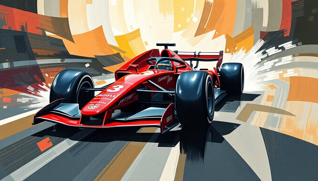 A fractured, multi-perspective painting depicting a Formula 1 car in motion, broken down into sharp, overlapping geometric planes in Cadillac's signature red and black colors, capturing the raw energy and dynamism of Herta's upcoming F1 debut.