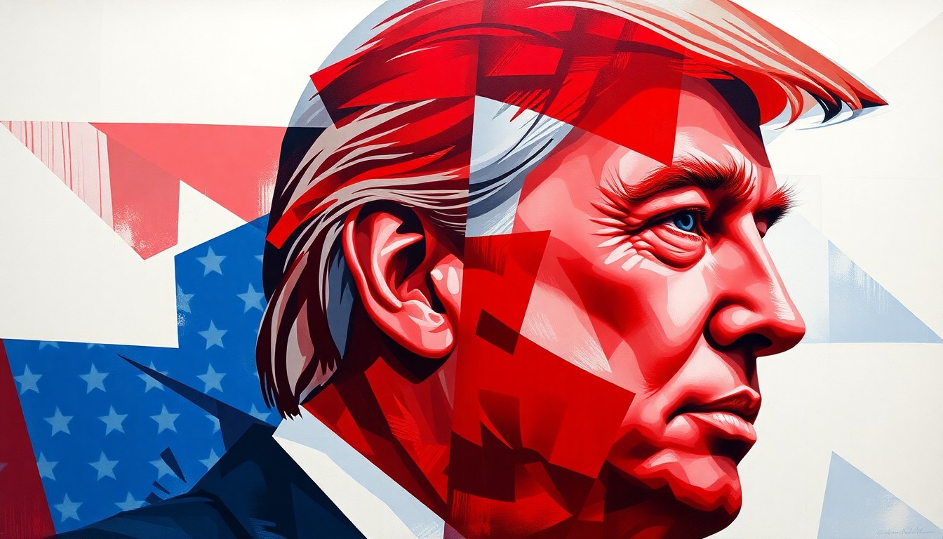 A dynamic, fragmented painting in red, white, and blue hues depicting the silhouette of a politician, conveying a sense of political instability and fracturing.