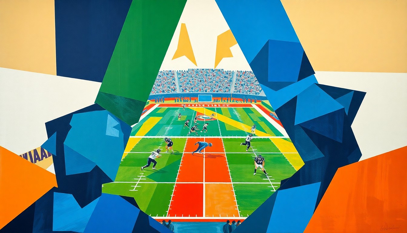 A fractured, multi-perspective painting in a cubist style, breaking down a college football game into sharp, overlapping geometric planes of deep blue, forest green, and burnt orange, without any recognizable faces, logos, or other identifiable elements.