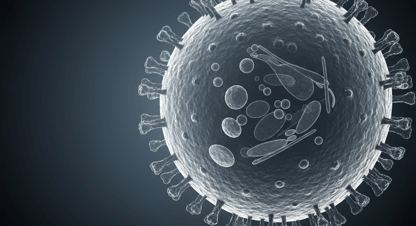 A translucent, ghostly X-ray image of a measles virus particle, its intricate internal structures visible as glowing lines against a dark background, conceptually representing the public health challenges posed by this highly contagious illness.