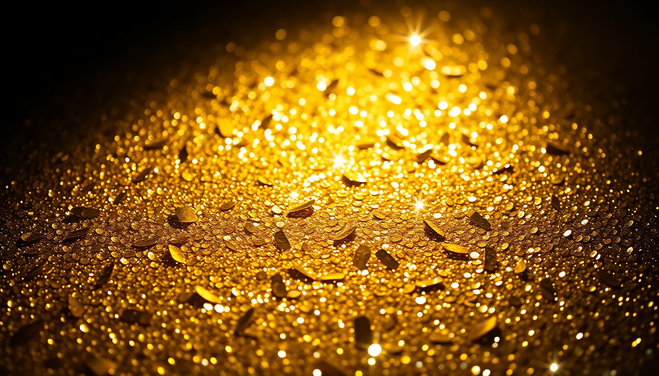An extreme close-up photograph of shimmering, textured gold sequins, capturing the glamour and energy of a major music tour through dramatic studio lighting and abstract, high-fashion composition.