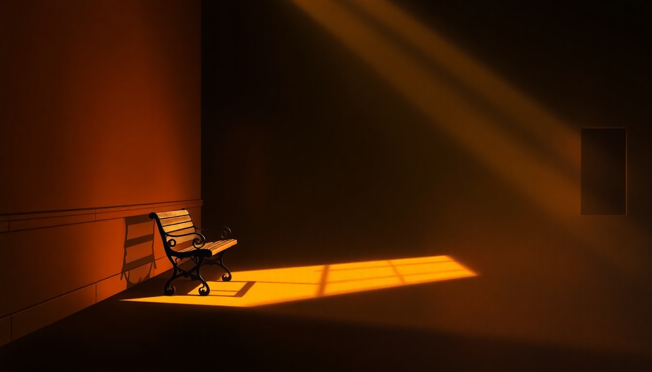A serene, cinematic painting of an empty courthouse bench, with warm sunlight streaming in through tall windows and deep shadows cast across the scene, conveying a sense of solemnity and contemplation around the Bevin family's legal battle.