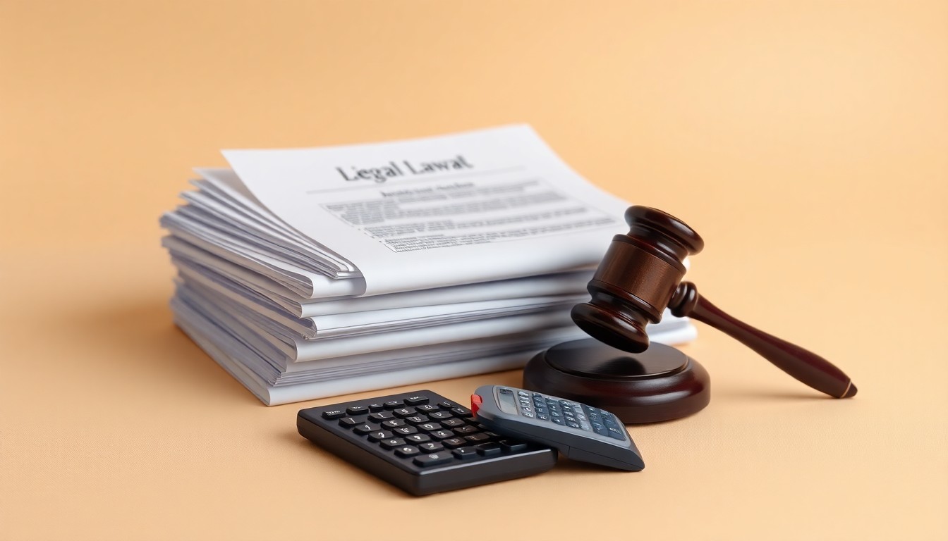 A photorealistic studio still life featuring a stack of legal documents, a gavel, and a calculator arranged on a clean, monochromatic background, conceptually representing the abstract corporate strategy and legal risks facing Boston Scientific Corporation.
