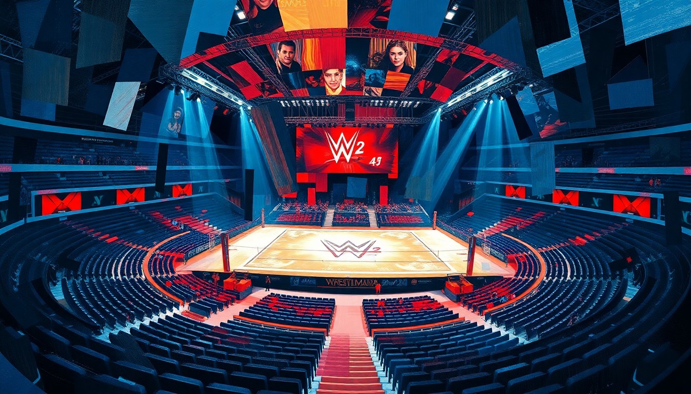 A fractured, cubist-style painting depicting the WrestleMania 42 stage and seating area, with sharp geometric shapes and planes in deep blues, reds, and grays representing the complex, multi-perspective layout.