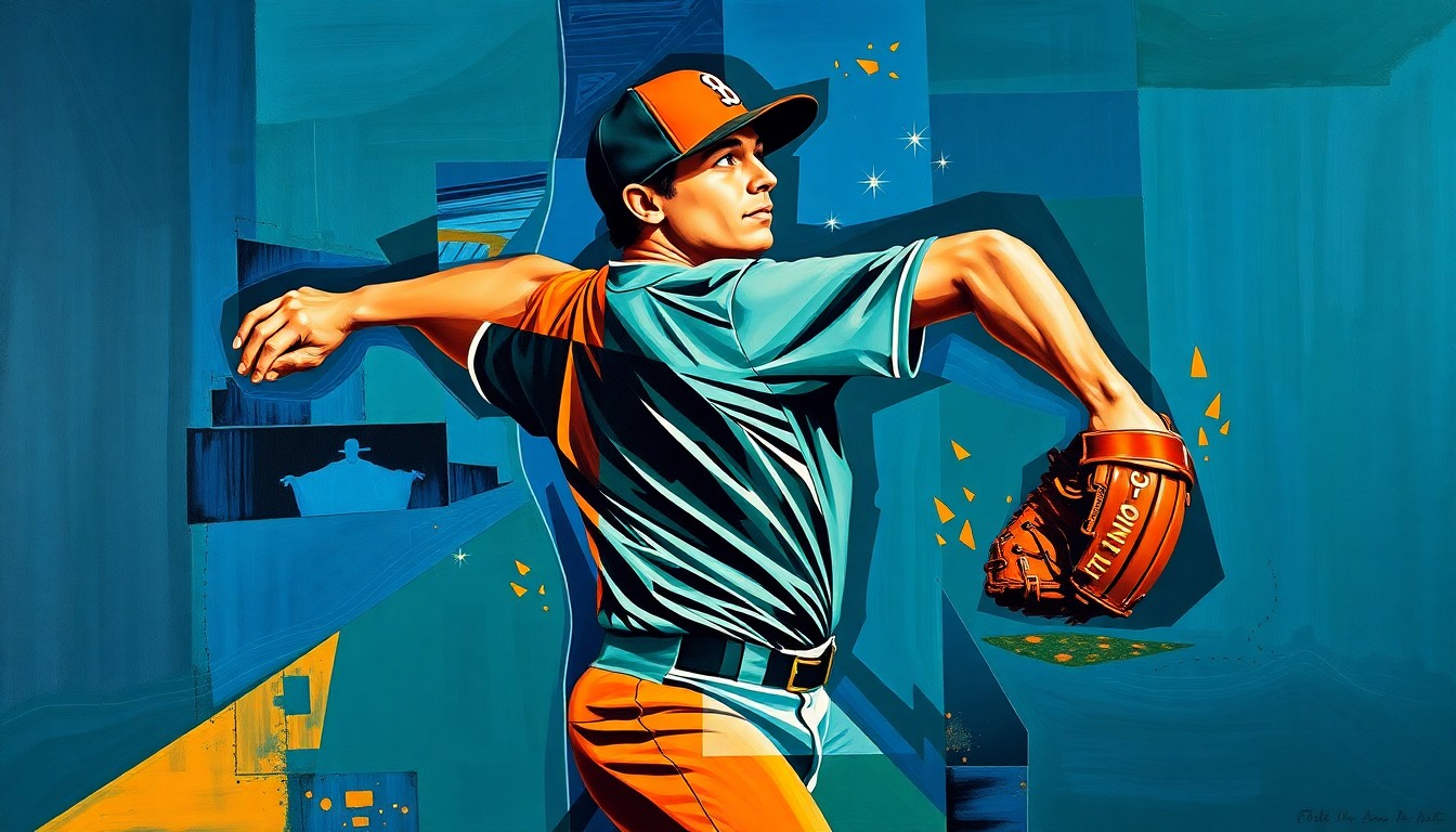 A cubist, geometric painting depicting a baseball pitcher's windup and delivery broken down into overlapping planes of navy blue, forest green, and burnt orange, conceptually representing the reliability and durability of Yankees pitcher Max Fried.