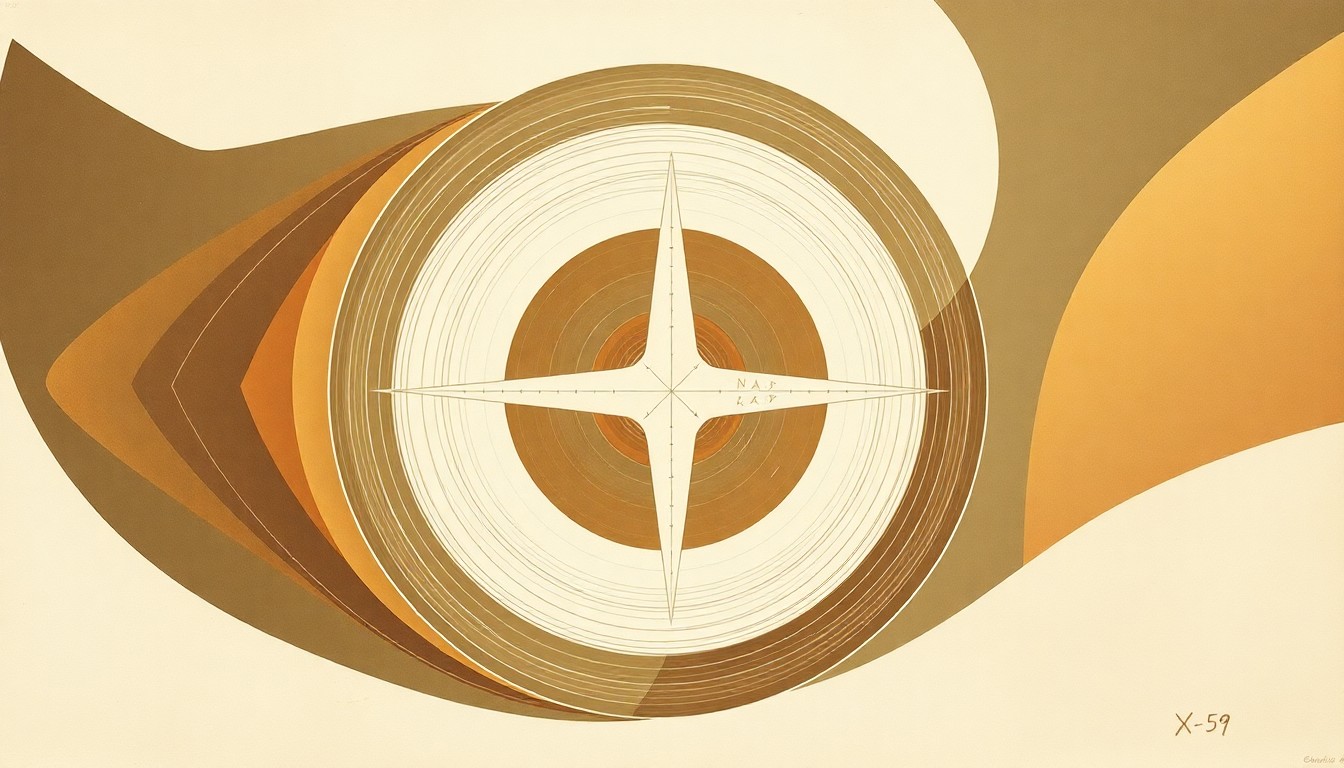 A bold, abstract painting in the style of Hilma af Klint, featuring sweeping geometric arcs, concentric circular patterns, and precise intersecting waveforms in earthy tones of brown, green, and blue, conceptually representing the advanced aerodynamics and technologies of the NASA X-59 supersonic aircraft.