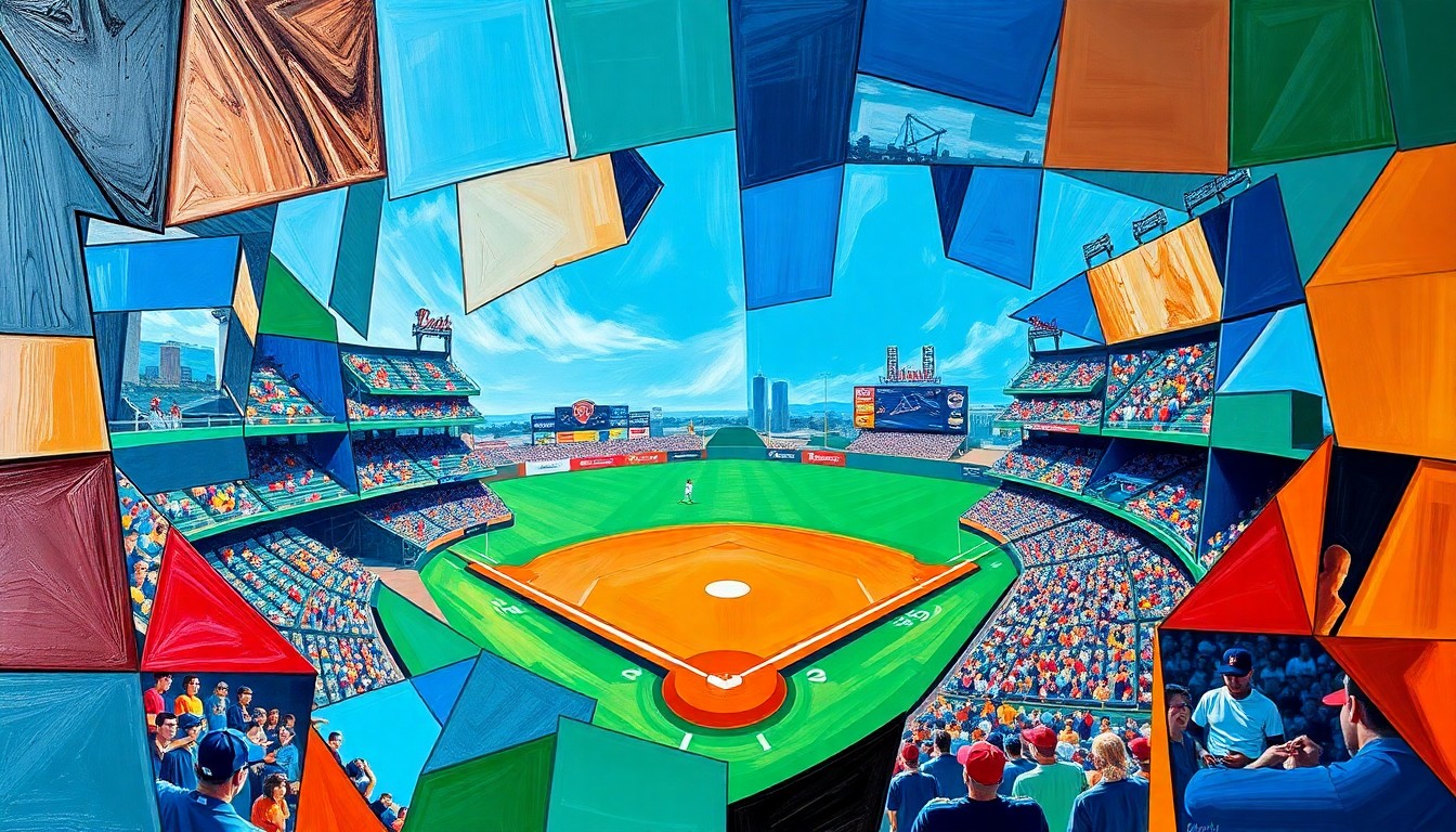 A fragmented, cubist-style painting depicting the dynamic action of a baseball game between the Atlanta Braves and Philadelphia Phillies, with sharp geometric shapes and bold colors capturing the energy and intensity of the matchup.