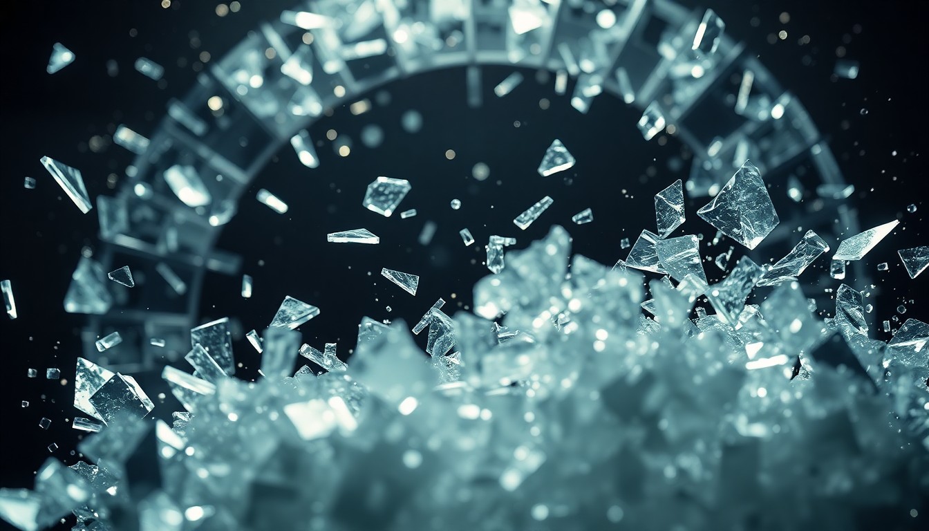 An extreme close-up photograph of shattered glass fragments reflecting bright studio lighting, conceptually capturing the high-stakes drama and unexpected twists of a Wheel of Fortune game.