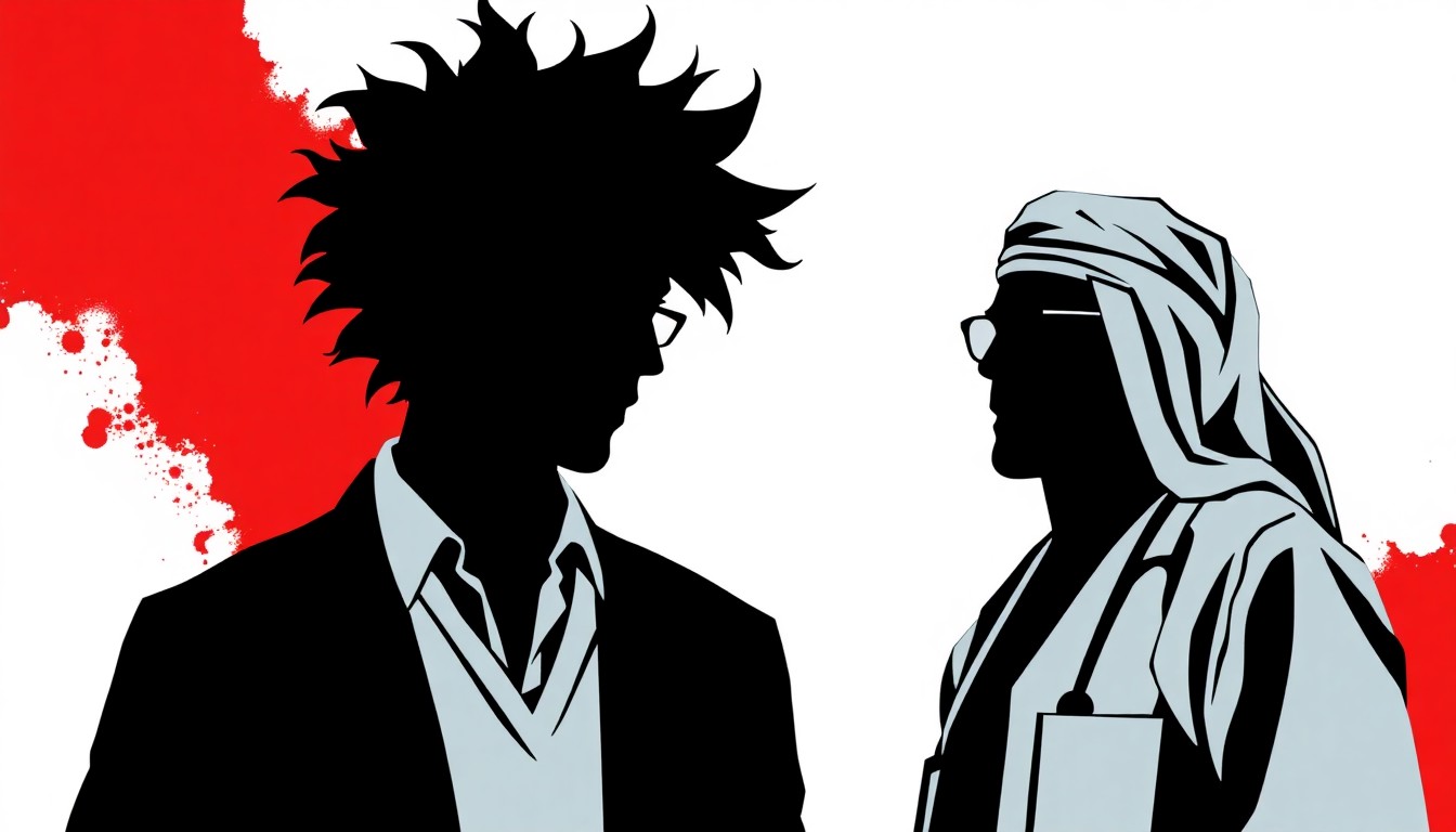 A striking abstract composition of bold, angular black shapes representing the conflict and tension between two opposing medical personalities, conveying the dramatic shift in the hospital's dynamics.