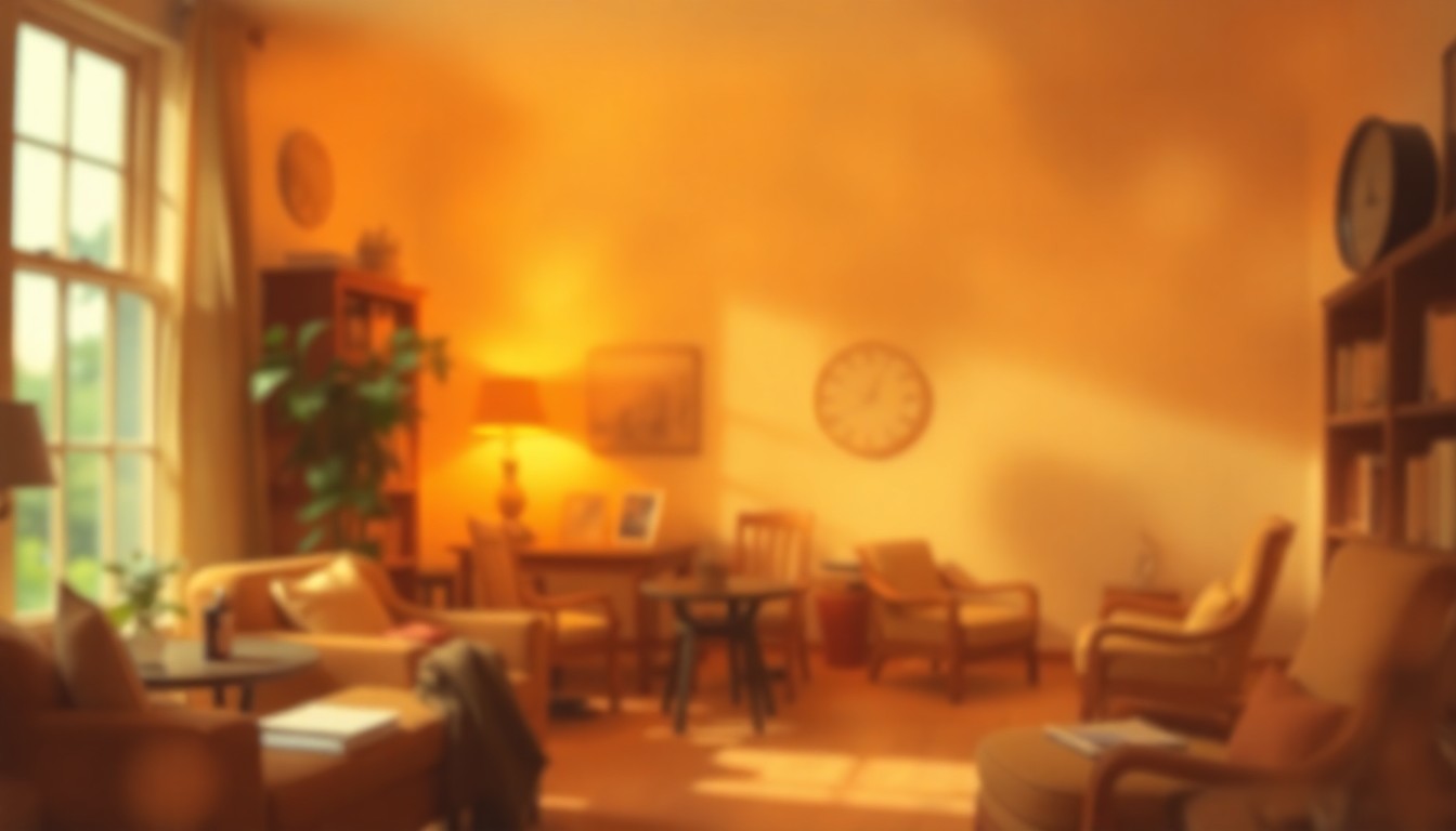 An impressionistic, out-of-focus photograph composed of soft, glowing pools of warm color and light, capturing the intimate, inspirational atmosphere of a writer's retreat or editorial meeting.