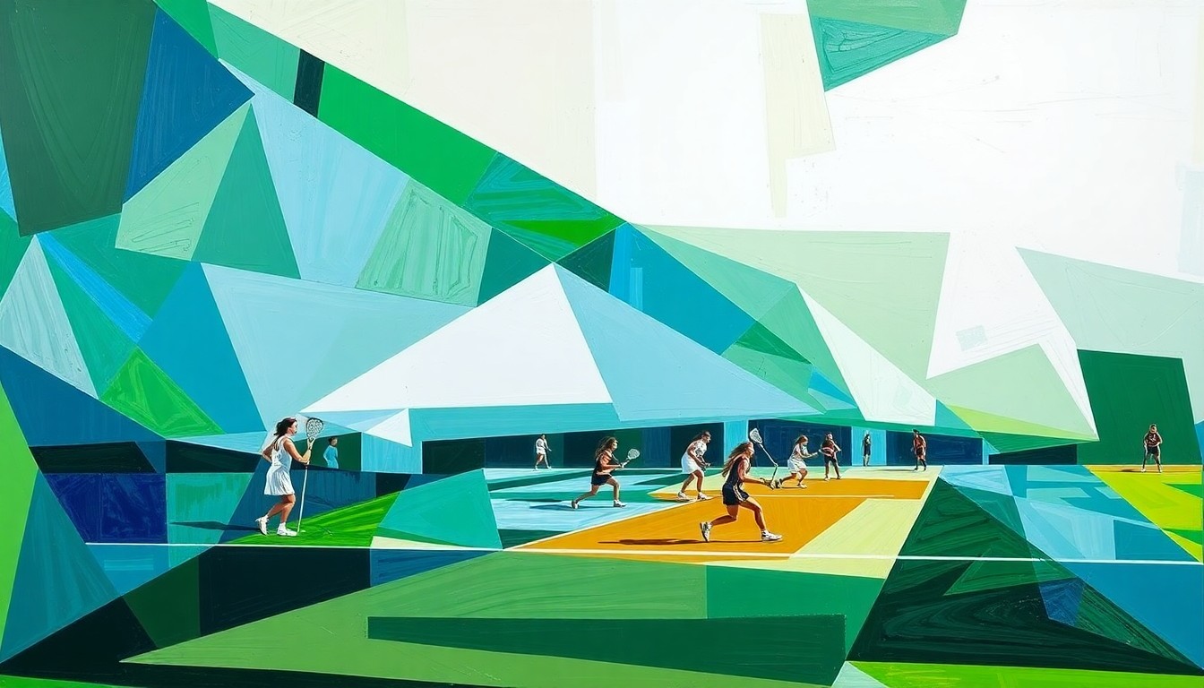A cubist, geometric painting depicting the action of a women's lacrosse game, with overlapping planes of green, blue, and white representing the players, ball, and field.
