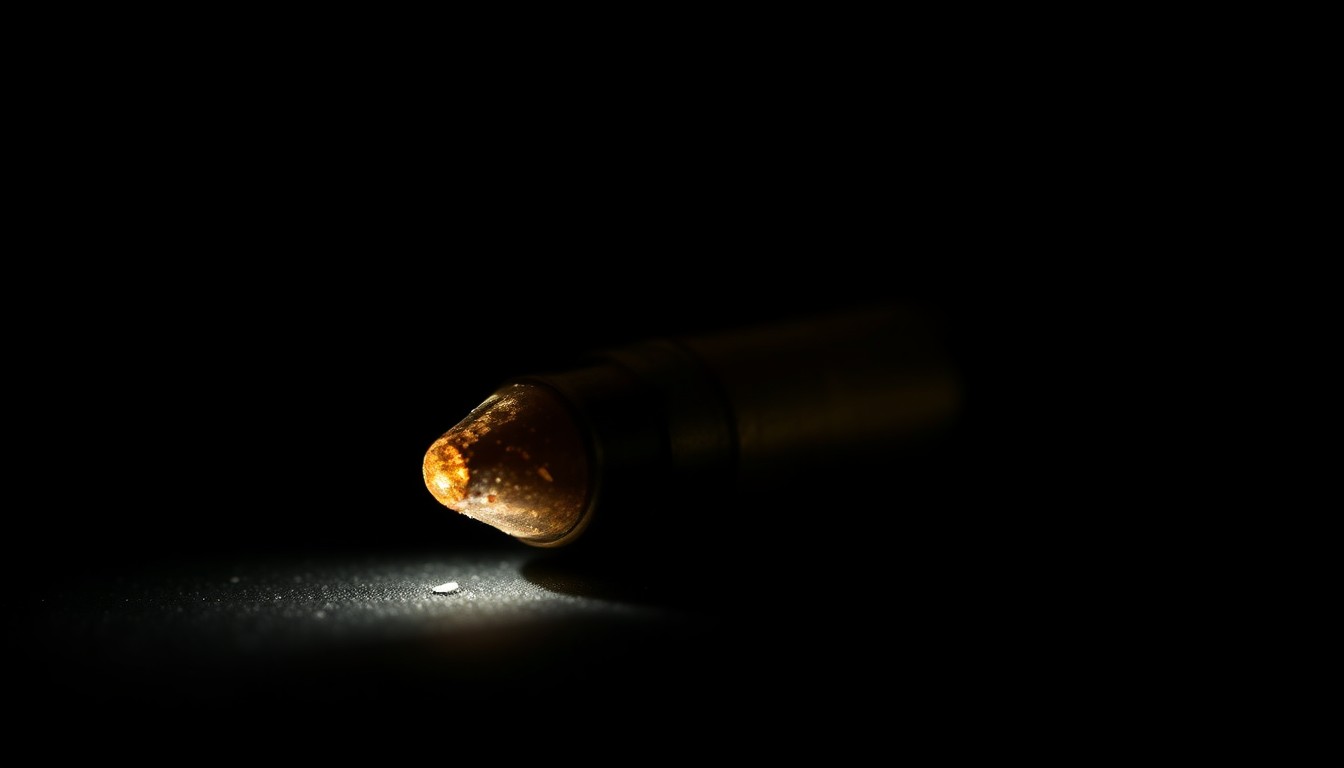 An extreme close-up photograph of a metallic bullet casing or shell fragment, lit by a harsh, direct camera flash against a pitch-black background, creating a stark, gritty, investigative aesthetic.