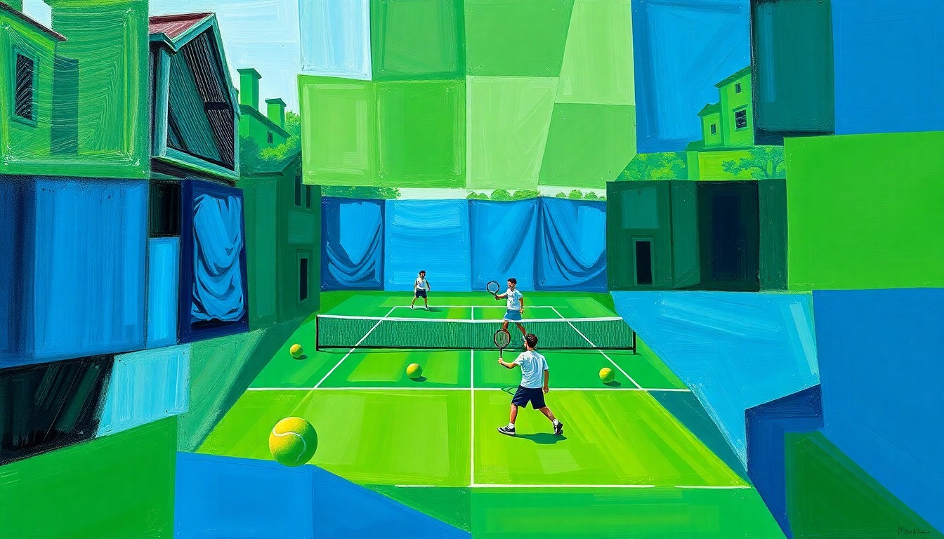 A fragmented, geometric painting depicting a high school tennis match, with sharp planes of green and blue representing the court, players, and ball in motion.