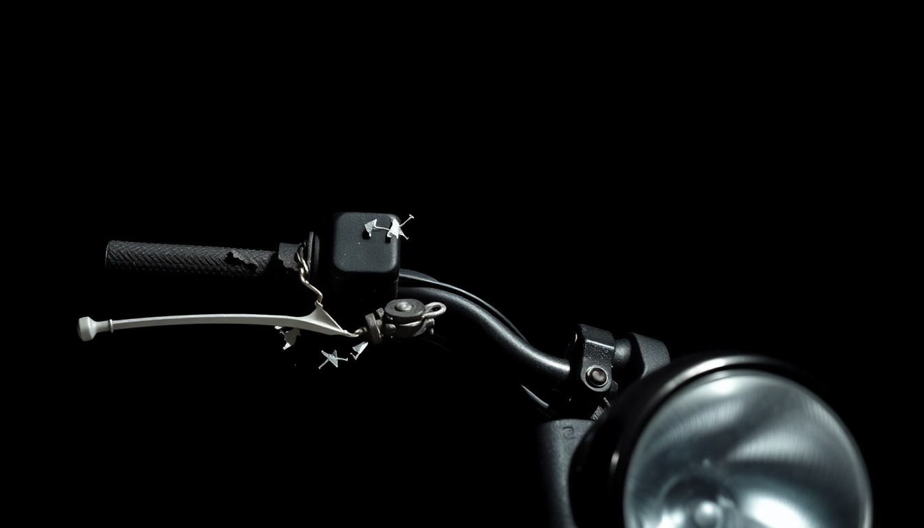 An extreme close-up photograph of a twisted and damaged mini-bike component, conveying the force of the collision and the vulnerability of the rider.