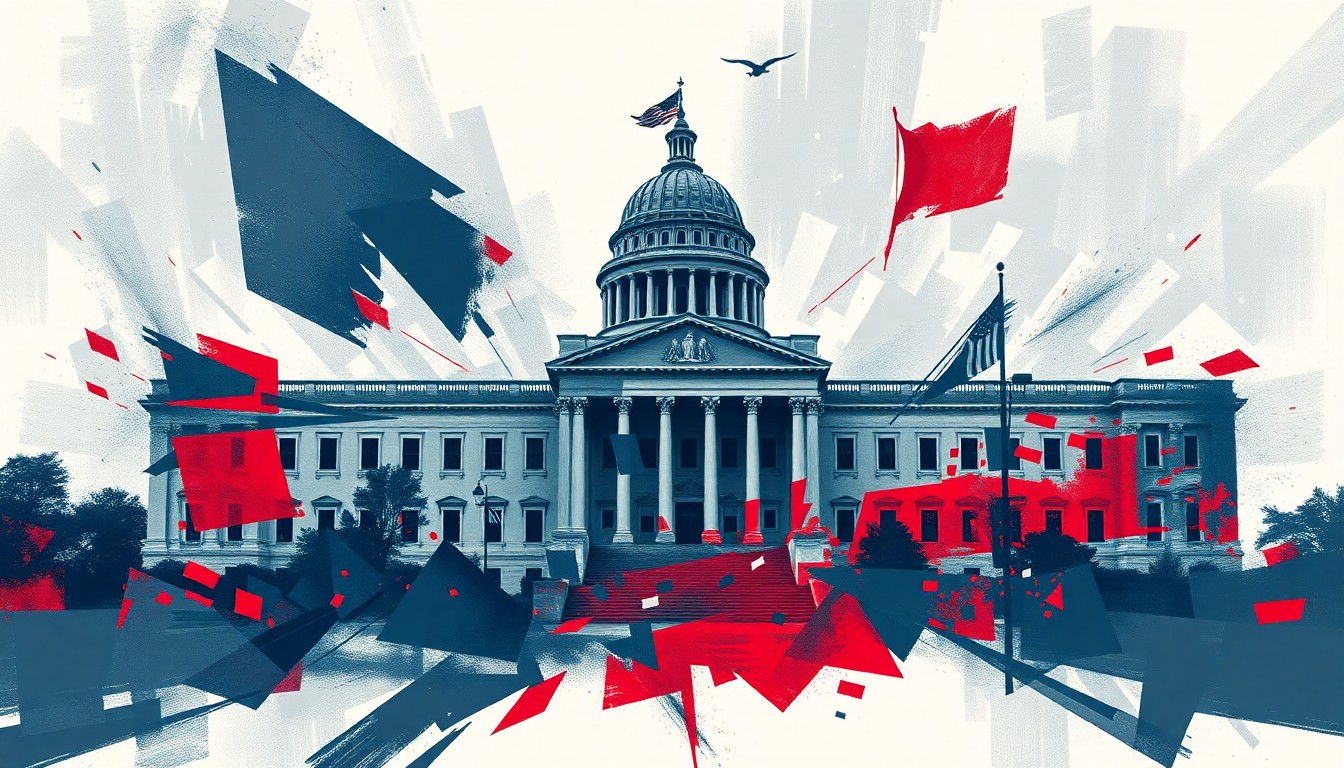 A dynamic, abstract painting featuring overlapping, fragmented shapes and lines in shades of blue, gray, and red, conceptually representing the complex and contentious debate over government surveillance authorities.