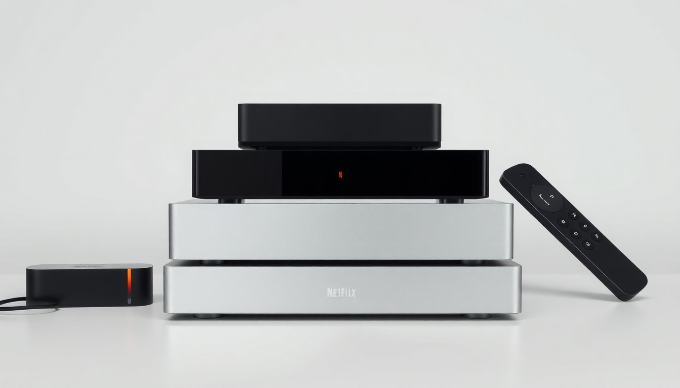A photorealistic studio still-life featuring a stack of sleek, polished streaming media devices against a clean, monochromatic background, symbolizing the competitive streaming landscape and Netflix's pioneering position.