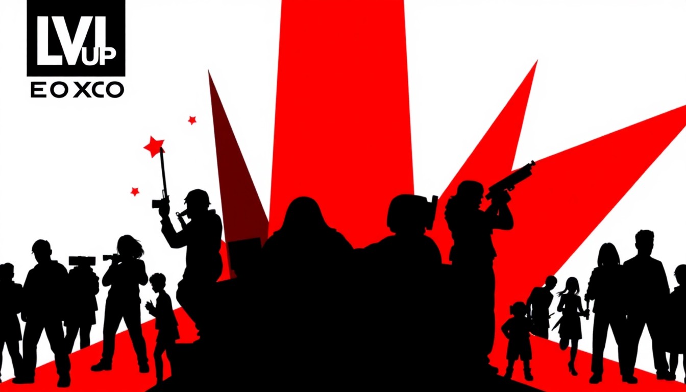 A striking, abstract illustration composed of bold, jagged geometric shapes and silhouettes in high-contrast colors, conceptually representing the diverse range of entertainment mediums and fandoms featured at the LVL UP Expo convention.