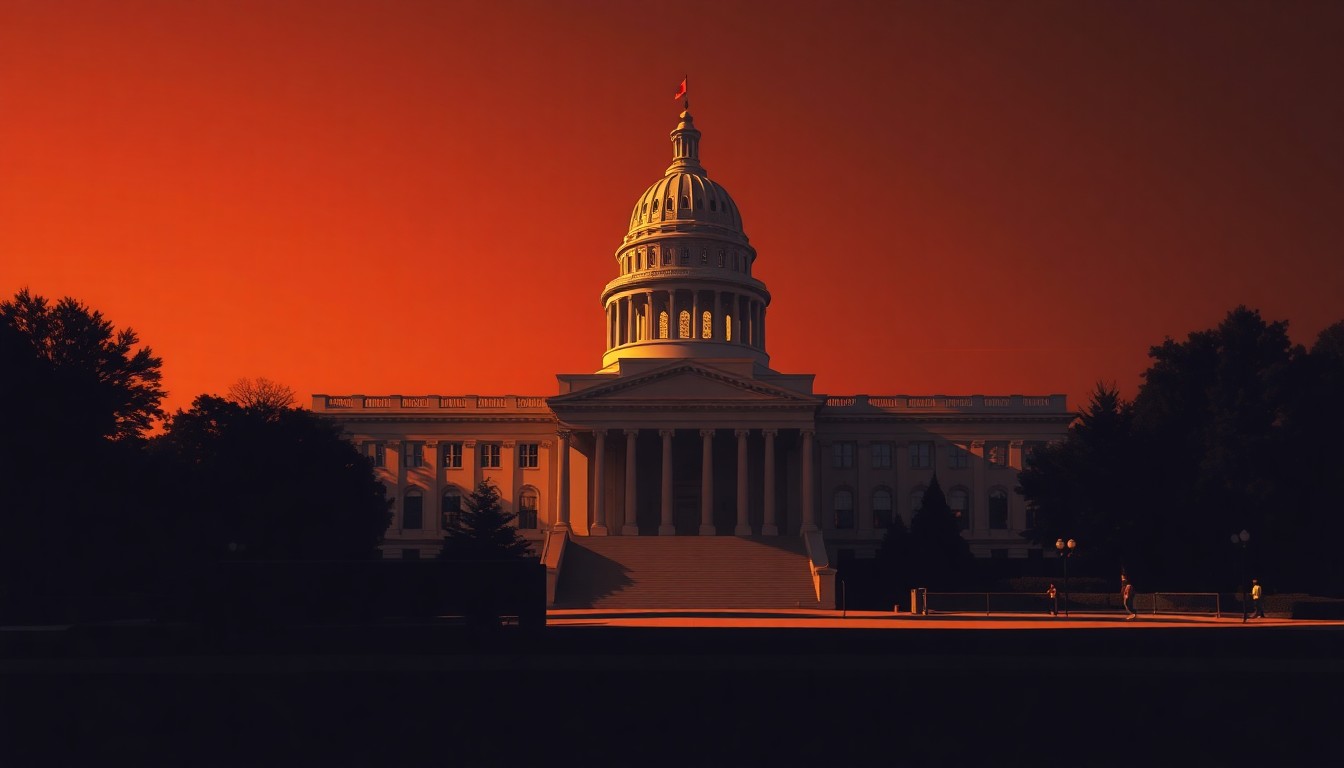 A serene, cinematic painting of a California state capitol building, its grand architecture and columns cast in warm, dramatic lighting and deep shadows, conveying a sense of political uncertainty and transition.